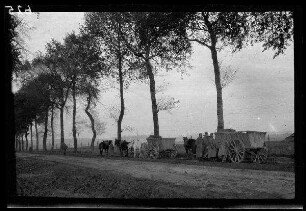 "An der Straße Fins - Nurlu (beide Dep. Somme, Frankreich)": 2 Pferdegespanne mit Leiterwägen am Rand einer unbefestigten Allee (Distanzaufnahme)
