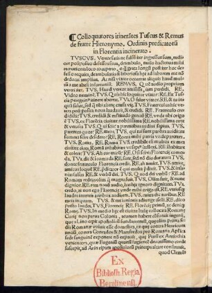 Colloquutores itinerantes Tuscus & Remus de fratre Hieronymo. Ordinis predicatorum in Florentia incinerato.