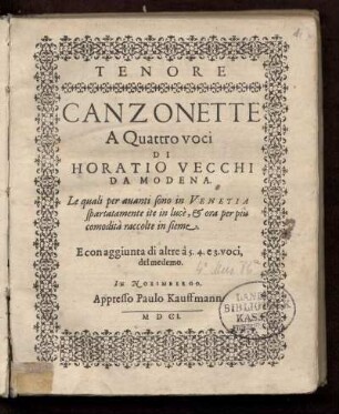 Oratio Vecchi: Canzonette a quattro voci. Tenore