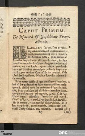 Caput Primum. De Natura & Quidditate Transactionis.