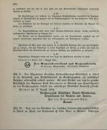 85. Ministerial-Bekanntmachung, betreffend Wechsel in der Hauptagentur der deutschen Lebensversicherungsgesellschaft in Lübeck