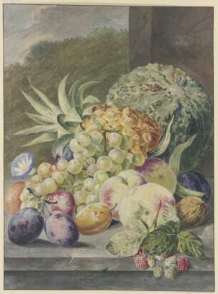Fruchtstück, Melone, Ananas, Trauben, Pfirsiche, Pflaumen, Nüsse