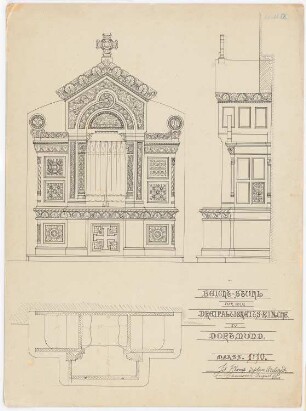 Dreifaltigkeitskirche (mit Pfarrhaus), Dortmund: Grundriss, Vorder- und Seitenansicht eines Beichtstuhls 1:10