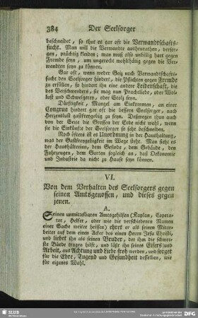 VI. Von dem Verhalten des Seelsorgers gegen seinen Amtsgenossen, und dieses gegen jenen