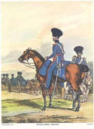 Rittmeister der Württ. Reitenden Artillerie und Begleitoffizier, 1830, jeweils in Uniform mit Mütze zu Pferd, den Marsch einer Einheit beaufsichtigend