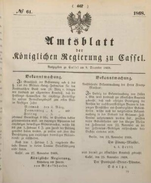 № 61. Ausgegeben zu Cassel am 8. December 1868.