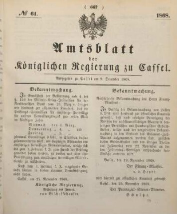 № 61. Ausgegeben zu Cassel am 8. December 1868.