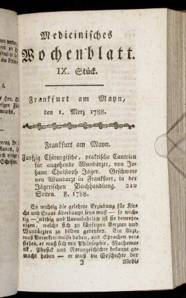 IX. Stück. Frankfurt am Mayn, den 1. Merz 1788. - XIII. Stück. Frankfurt am Mayn, den 29. Merz 1788.