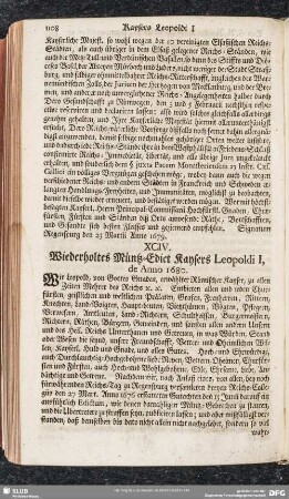XCIV. Wiederholtes Müntz-Edict Kaysers Leopoldi I, de Anno 1680