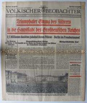 Tageszeitung "Völkischer Beobachter" u.a. zum Empfang Hitlers in Berlin nach seiner Rückkehr aus Wien