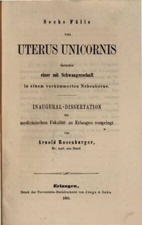 Sechs Fälle von Uterus unicornis darunter einer mit Schwangerschaft in einem verkümmerten Nebenhorne : Inaug. Diss.