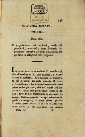 Biblioteca di campagna o sia Raccolta di memorie, osservazioni ed esperienze agrarie. 6. 1806, H. 3