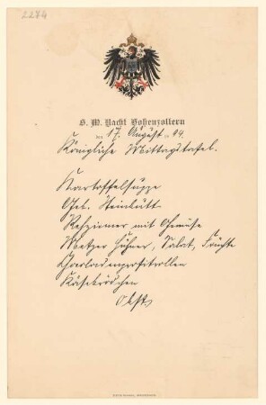 Menükarte : Königliche Mittagstafel, Yacht Hoh