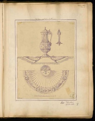 Taufstein mit Becken und Kanne Monatskonkurrenz Februar 1869: Variante II: seitliche Ansicht der Kanne, Schnitt und Draufsicht der Schale; Maßstabsleiste