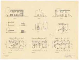 Evangelisches Gemeindezentrum, Herford: Pfarrhaus: Ansichten, Schnitt V, Kellergeschoss, Erdgeschoss, Obergeschoss 1:100