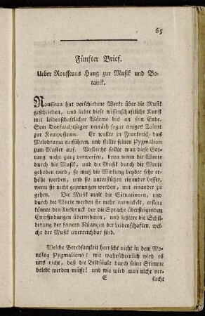 Fünfter Brief. Ueber Rousseaus Hang zur Musik und Botanik.