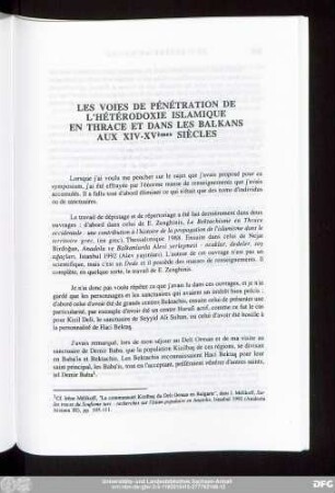 Les Voies De Pénétration De L'Hétérodoxie Islamique En Thrace Et Dans Les Balkans Aux XIV-XVèmes Siècles