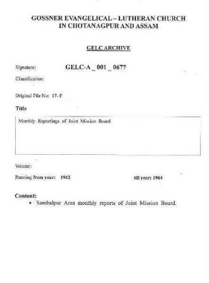 Monthly Reports of Joint Mission Board
