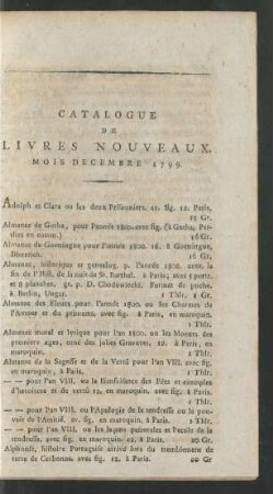 Catalogue De Livres Nouveaux. Mois Decembre 1799