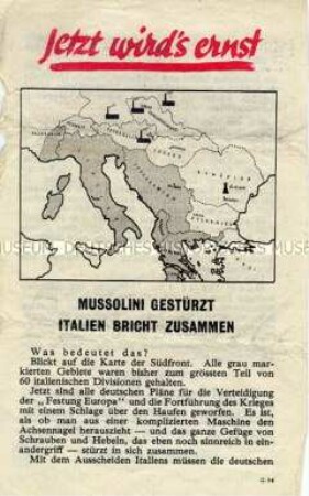 Abwurf-Flugblatt der Alliierten zu den Folgen des Sturzes von Mussolini