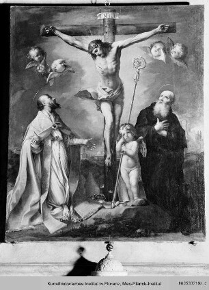 Die Heiligen Eugen und Benedikt verehren den Gekreuzigten
