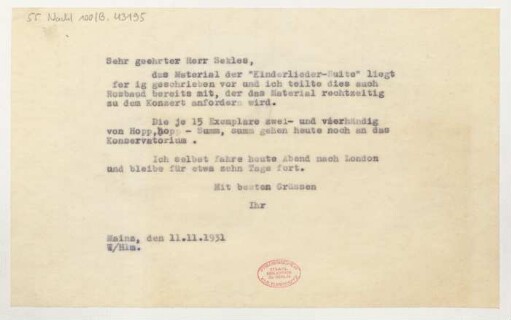 Brief an Bernhard Sekles : 11.11.1931