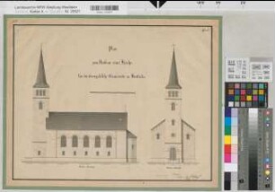 Herdecke (Herdecke) ev. Kirche Entwurf Seiten- und Vorderansicht 1843 50 Fuß = 9,3 cm 37 x 48 Zeichnung Althof