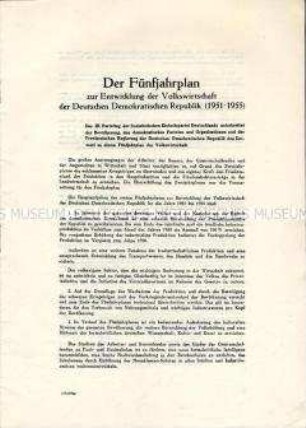 Sonderdruck zum Fünfjahrplan 1951-1955, erarbeitet auf dem III. Parteitag der SED