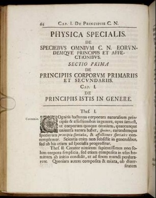 Physica Specialis. De Speciebus Omnium C. N. Eorundemque Principiis Et Affectionibus.