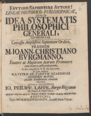 Lineae Historico-Philosophicae, Quas De Idea Systematis Philosophici Generali, Consignatas : Concessu Amplissimi Sapientum Ordinis