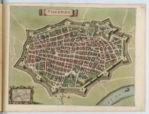 Vogelschauplan von Piacenza, 1:6 000, kolorierter Kupferstich, um 1682 : Piacenza . - [Ca. 1:6 000]. - [Amsterdam] : [Bÿ d' Erfsgenamen van Joannes Janssonius van Waesberge], [1682]. - 1 Vogelschauplan : Kupferstich. ; 50 x 39 cm (Karte) +++ Mit Gebäudeverz.
