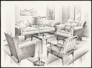 Sitzecke. Sofa, Zweisitzer, ein Ohrensessel, ein Sessel, ein Armlehnstuhl, ein viereckiger Tisch, Stehlampe, Deko
