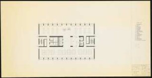 Hochschulbibliothek, Karlsruhe Neubau: 1. OG, Grundriss Ausleihe mit Legende; Regalen und Möblierung, 1:100