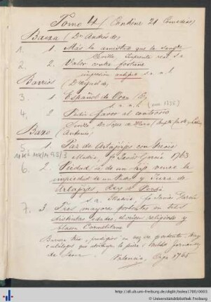 Handschriftliches Inhaltsverzeichnis des Sammelbandes.