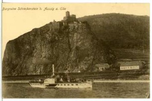 Aussig. Burgruine Schreckenstein an der Elbe mit Personen-Seitenraddampfer