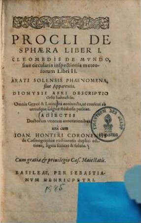 Procli De Sphaera Liber I.