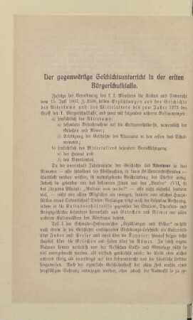 Der gegenwärtige Geschichtsunterricht in der ersten Bürgerschulklasse