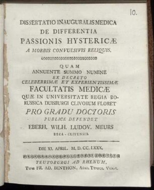 Dissertatio Inauguralis Medica De Differentia Passionis Hystericæ A Morbis Convulsivis Reliquis
