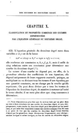 Chapitre X. Classification et proportiuétés communes des Courbes représentées par L'Équation Générale du deuxiéme degré.