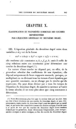 Chapitre X. Classification et proportiuétés communes des Courbes représentées par L'Équation Générale du deuxiéme degré.