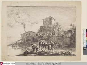 [Le muletier; Landscape of the Environs of Rome; Ein beladener Esel am Ufer eines Flusses mit zwei Männern]