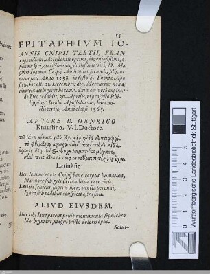 Epitaphivm Ioannis Cnipii tertii ...