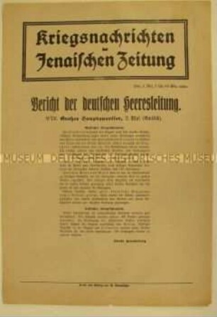 Nachrichtenblatt der "Jenaischen Zeitung" zum Kriegsverlauf an der West- und Ostfront