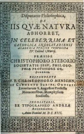Disputatio Philosophica, De iis quae natura abhorret