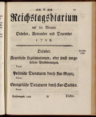 Reichstagsdiarium auf die Monate October, November und December 1788.