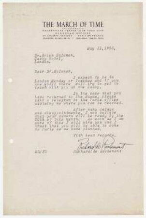 Brief von Richard de Rochemont, TIME The New Weekly Newsmagazine, New York - Chicago an Erich Salomon