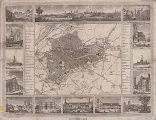 Stadtplan und Ansicht von Augsburg, ca. 1:10 000, Lithographie, 1874 : Augsburg / nach der Natur gezeichnet und in Stein gestochen von Gust. Wenng. - Ca. 1:10 000. - [Augsburg] , [um 1874]. - 1 Kt. und 14 Ansichten auf 1 Bl. : Lithogr. ; Gesamtgr. 49 x 38 cm. - Stadtplan, 1 Gesamt- und 13 Detailansichten. - Mit Gebäudekennung