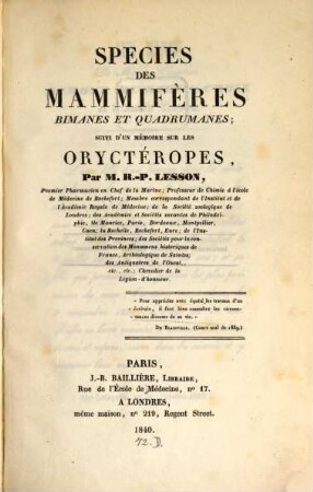 Species des Mammifères, Bimanes et Quadrumanes : suivi d'un Memoire sur les Oryétéropes