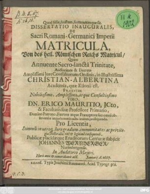 Dissertatio Inauguralis, De Sacri Romani-Germanici Imperii Matricula