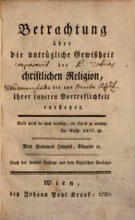Betrachtung über die untrügliche Gewißheit der christlichen Religion, die aus ihrer inneren Vortreflichkeit entstehet